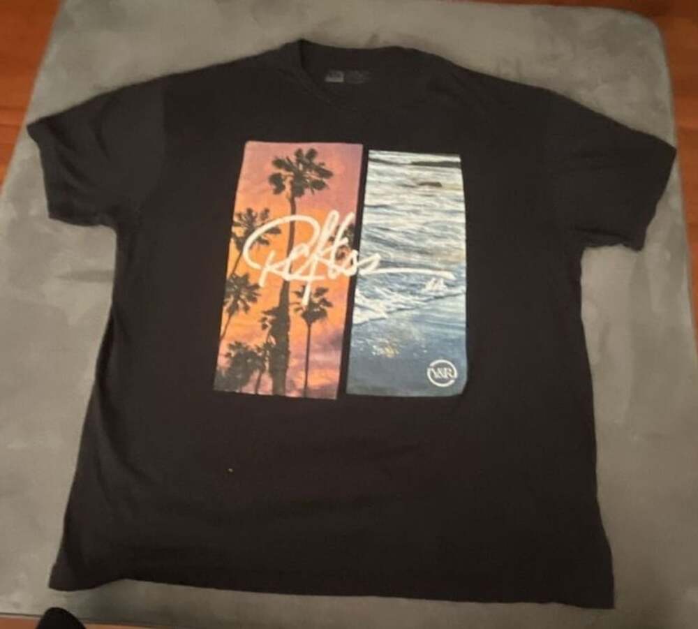 Young & Reckless Men's Black Graphic Tee with Palm Trees and Beach Print